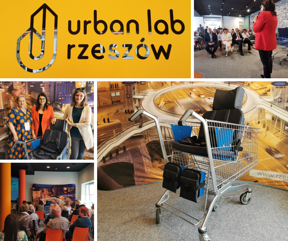 Kolaż zdjęć z wydarzenia: logotyp Urban Lab Rzeszów, ludzie siedzący na krzesłach oraz wózek zakupowy z innowacyjnym siedziskiem. 