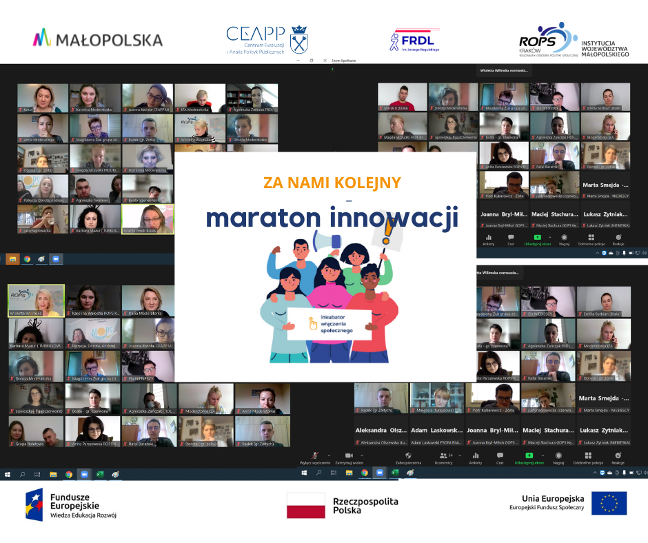 Zdjęcie uczestników Maratonu projektowania innowacji społecznych. W środku grafika "Za nami kolejny Maraton innowacji. Inkubator Włączenia Społecznego" praz sylwetki radosnych ludzi.