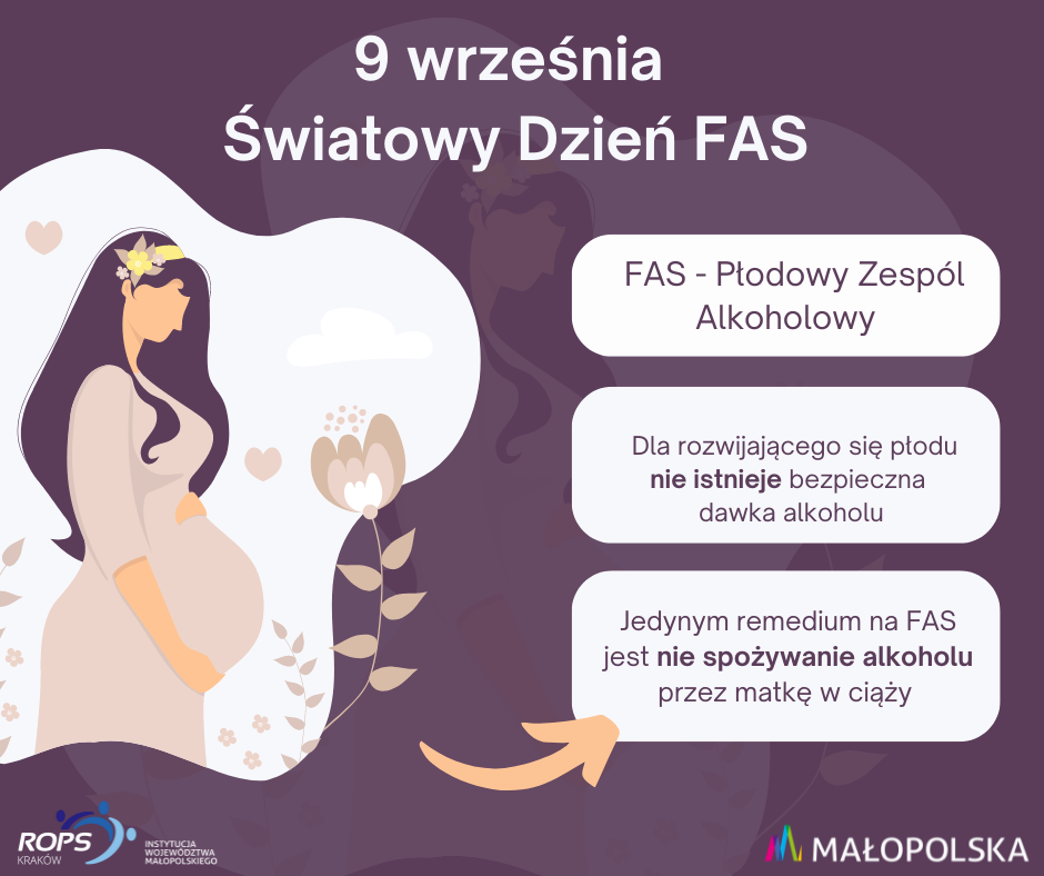 postać kobiety w ciąży oraz napisy: 9 września Światowy Dzień FAS, FAS - Płodowy Zespół Alkoholowy, Dla rozwijającego się płodu nie istnieje bezpieczna dawka alkoholu, Jedynym remedium na FAS jest nie spożywanie alkoholu przez matkę w ciąży. 