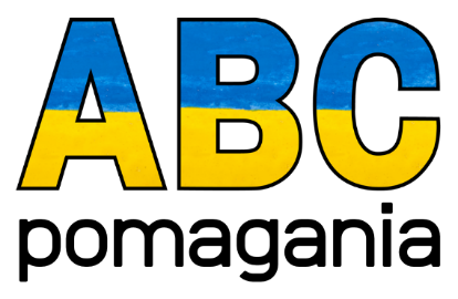 Napis ABC pomagania, litery ABC w kolorach flagi Ukrainy, w górnej połowie błękitne, w dolnej połowie żółte.