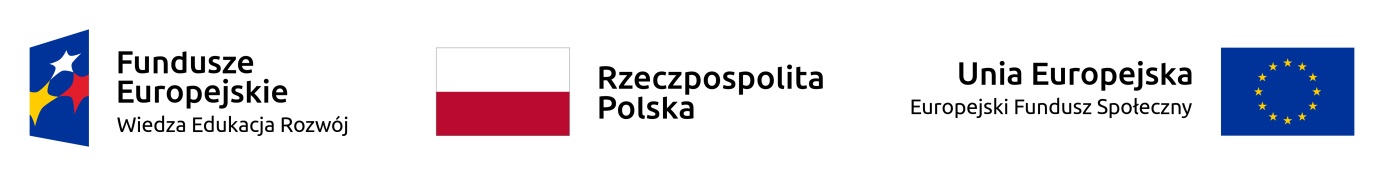   Grafika przedstawia: logo Funduszy Europejskich, logo Rzeczpospolita Polska, logo Unii Europejskiej Europejski Fundusz Społeczny.